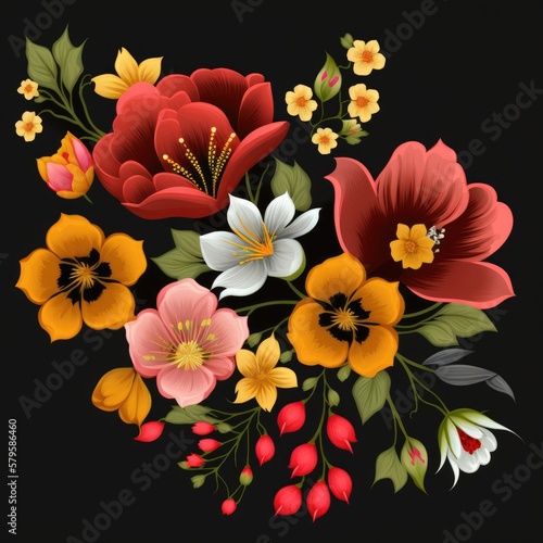 Colorful Flower Illustration Isolated on Black Background. Generative ai.