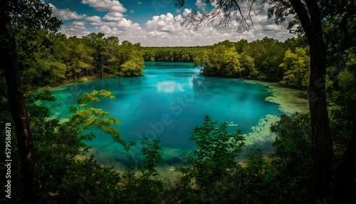 A beautiful view of a clear blue lake surrounded by green trees captured with a medium format camera using a 50mm lens f 8 aperture and natural style  Generative AI