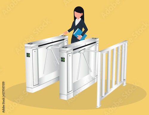 RFID card access turnstiles, Automatic checkpoint. Businesswoman entering an access control system with an RFID card