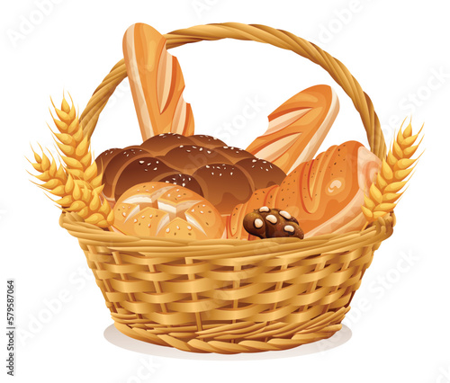 Bakery in wicker basket vector illustration. Basket with wheat and fresh bread isolated on white background