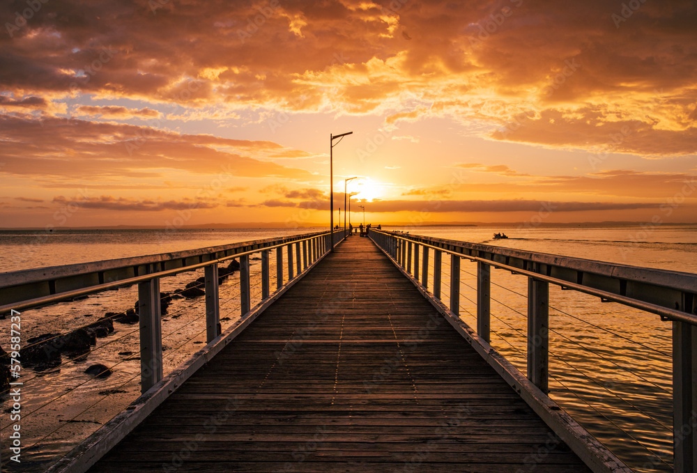 The sunrise of Wellington Point Pier in Wellington Point Recreation Reserve in Brisbane