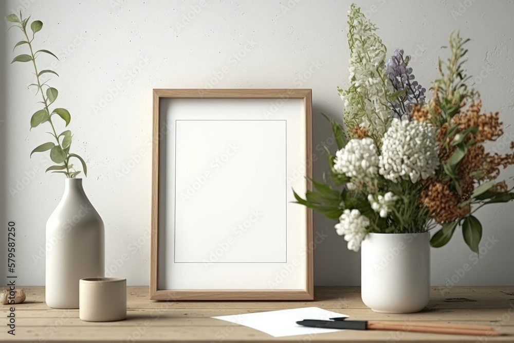 Fototapeta premium Blank Frame Mockup with Flowers in Vase on the Desk Generative Ai.