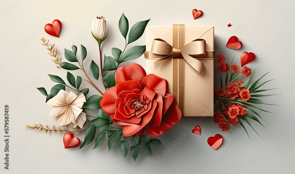 Gift Box With Flowers on White Background with Copy Space for Text. Generative AI Gift Box With Flowers on White Background with Copy Space for Text. Generative AI