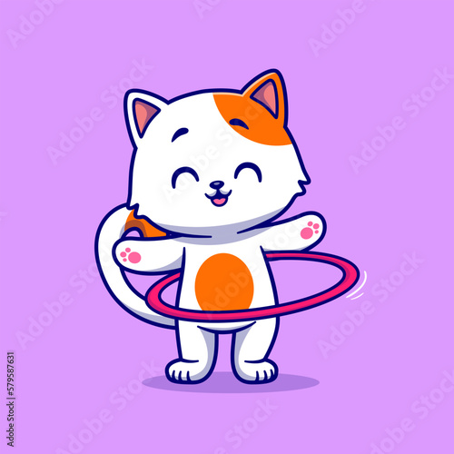 Cute Cat Playing Hula Hoop Cartoon Vector Icon Illustration. Animal Sport Icon Concept Isolated Premium Vector. Flat Cartoon Style