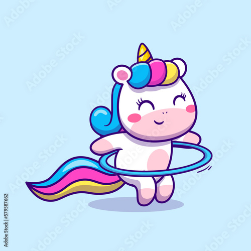 Cute Unicorn Playing Hula Hoop Cartoon Vector Icon Illustration. Animal Sport Icon Concept Isolated Premium Vector. Flat Cartoon Style