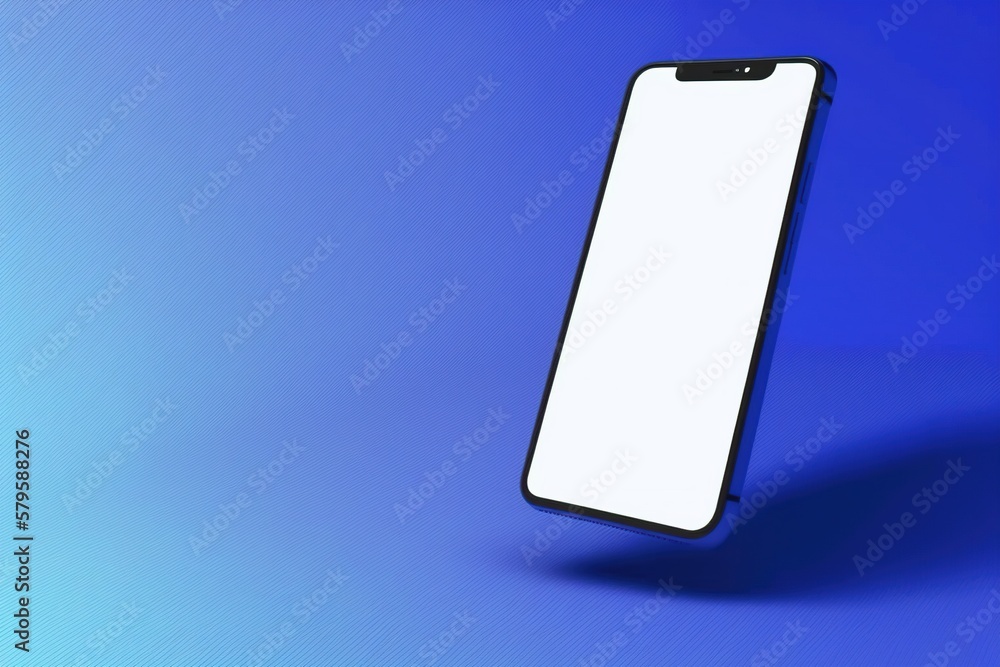 Close-up of a modern smartphone with an empty white screen on a blue background, phone isolated on blue background Close-up of a modern smartphone with an empty white screen on a blue background, phone isolated on blue background