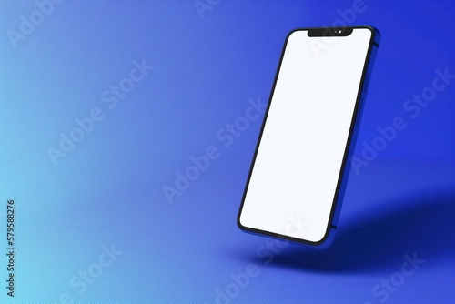 Close-up of a modern smartphone with an empty white screen on a blue background, phone isolated on blue background