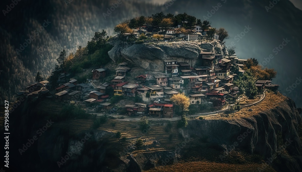 A picturesque village perched on a hilltop captured with a Nikon Z7 II 50mm lens f/5.6 dramatic standard lens  Generative AI