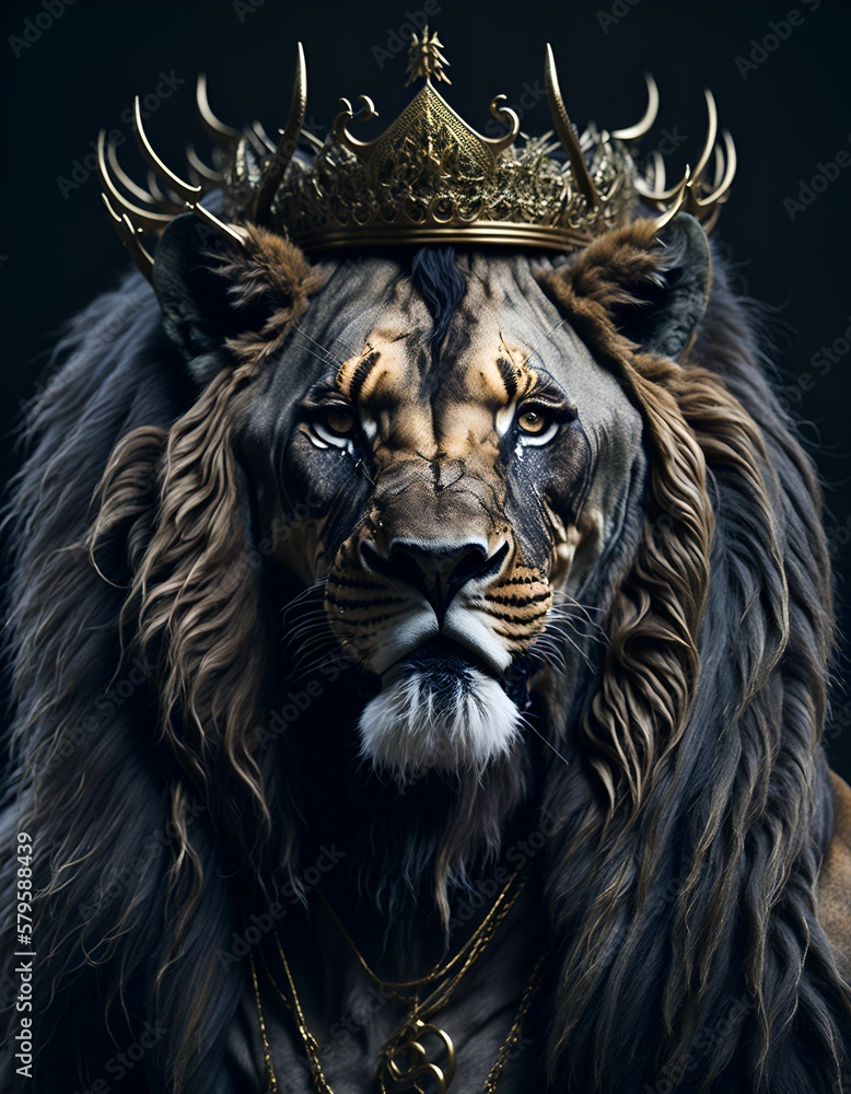 realistic lion with long hair and a gold crown realistic lion with long hair and a gold crown