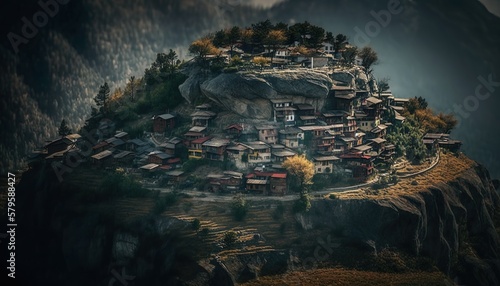 A picturesque village perched on a hilltop captured with a Nikon Z7 II 50mm lens f/5.6 dramatic standard lens Generative AI