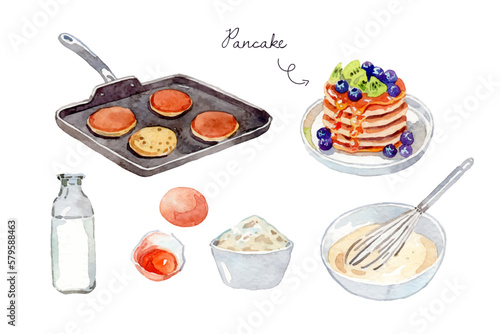 Watercolor pancake recipe with ingredients