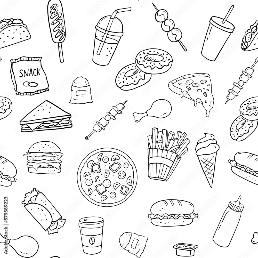 Seamless line pattern with fast food for menu, packaging or cafe. Pizza, barbecue, ice cream and hot dog.