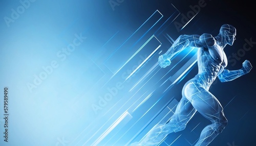 Light blue background with a running athlete. Created with generative AI. © ornitozavr