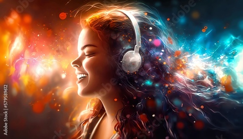 Illustration of a vibrant girl in headphones enjoying beautiful music. Generative AI.