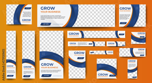 Grow Business Banner templates set with standard size for web. White and Blue banner with place for photos for Social Media, Cover ads banner, flyer, invitation card.