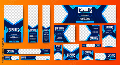 Esports Tournament Banner templates with standard size and place for photos. Online games advertising layout. Vertical, horizontal and square template
