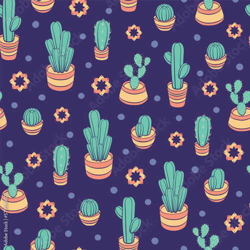 Colorful Cactus Flower Pots with Polka Dots Seamless Vector Repeat Pattern © Allison