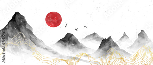 Japanese Mountain landscape watercolor painting illustration. Abstract contemporary aesthetic backgrounds landscapes. with mountains, hill, sun and line art