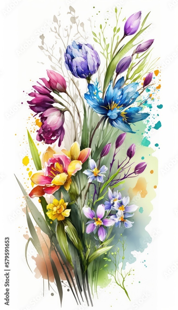 Painting of spring flowers on white background. Generative Ai.