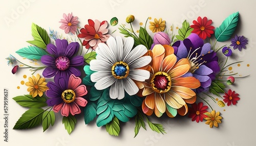 Painting of spring flowers on white background. Generative Ai.