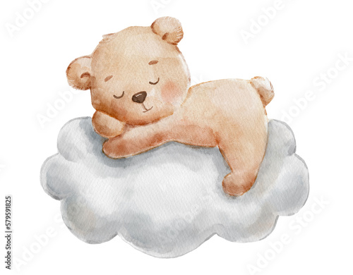 Cute dreaming bear on cloud. Cartoon hand drawn watercolor illustration. Baby animal isolated on white