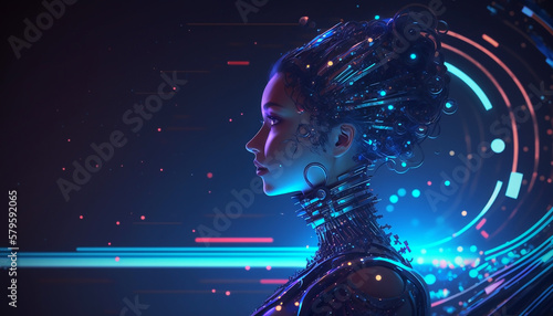 A cyborg girl in a high-tech suit against a complex blurry sci-fi background. Created with generative AI.