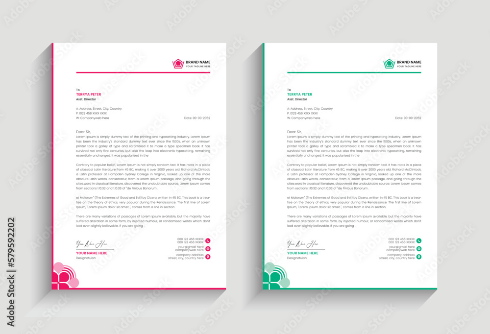 business letterhead template design with green and pink color