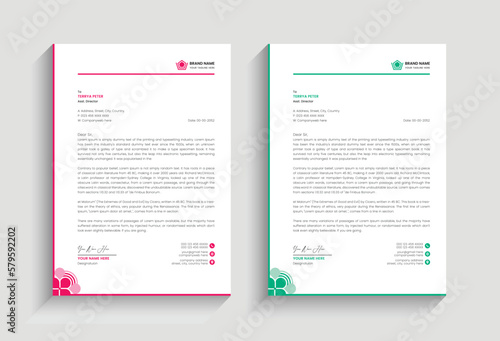 business letterhead template design with green and pink color