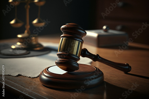 Wooden brown judge gavel on wooden table. Auction hammer on the stand. Law and legal justice system symbol. Images created with Generative AI technology