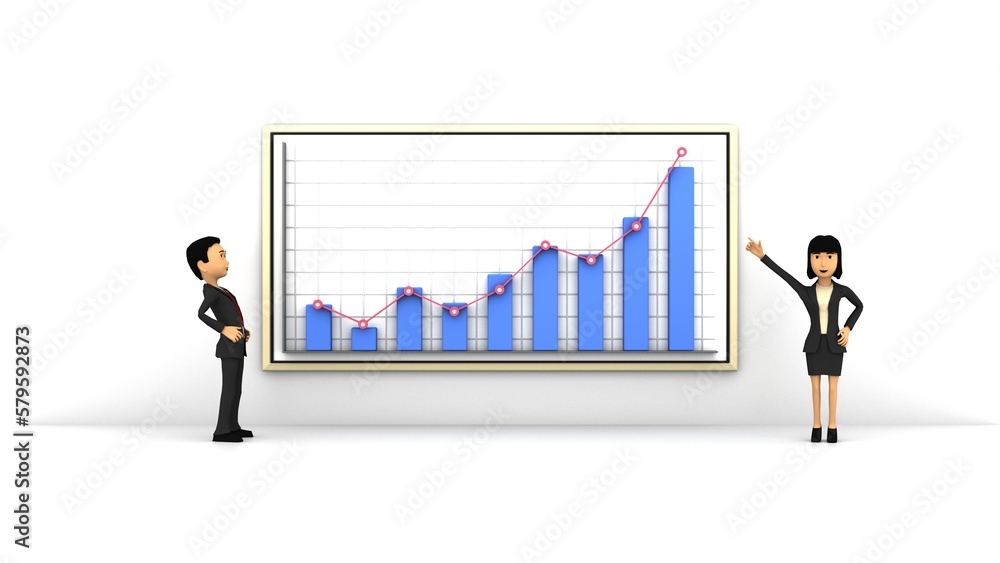 businessman assistant present report statistics graph on screen. 3d rendering businessman assistant present report statistics graph on screen. 3d rendering