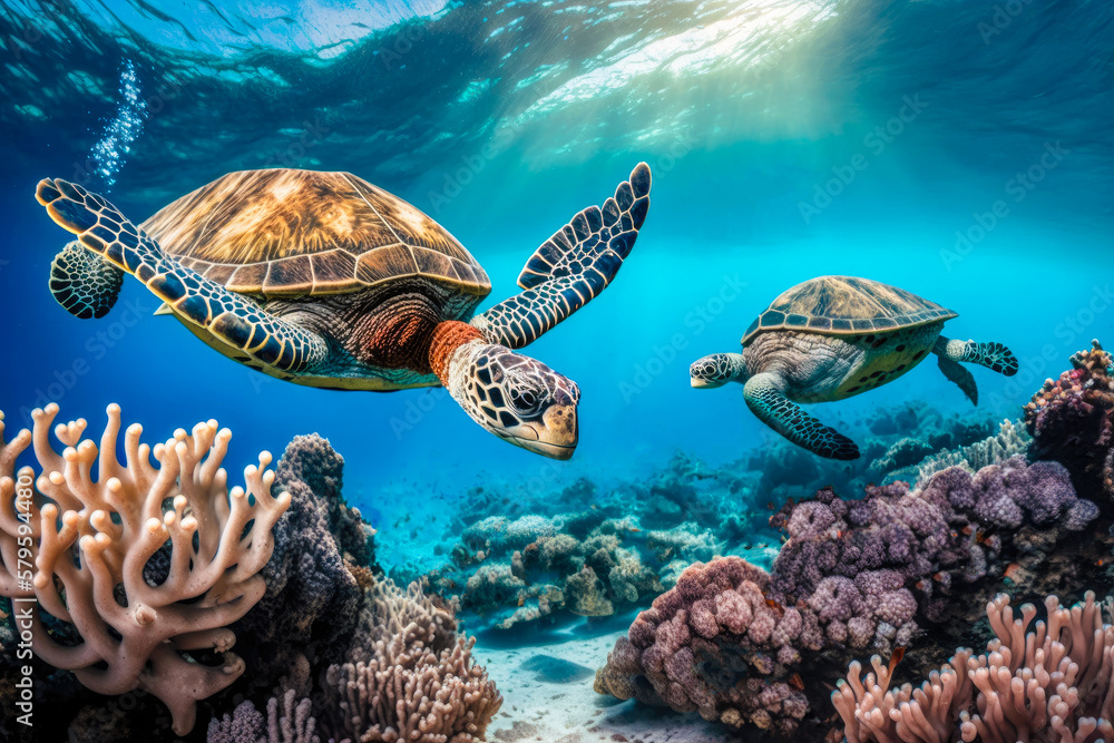 A Group Of Sea Turtles Swimming In Crystal Clear Waters Surrounded By 