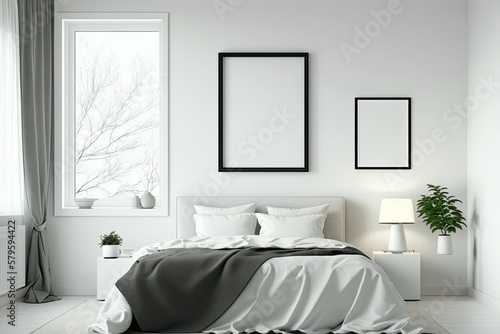 Blank Frame Mockup on Wall Above Bed. Generative Ai
