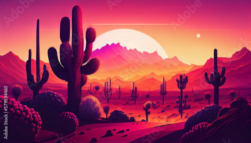 a cactus Sunset Desert, blue and whiteSkies in synthwave style