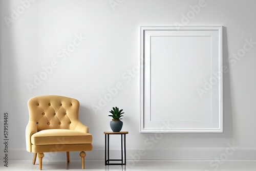 Blank Frame Mockup on Wall Above Armchair. Generative AI