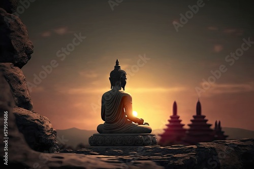 Buddha Purnima Vesak Buddha Statue at Sunset with Lotus and Candles © Moonlight Graphics