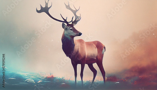 A  digital artwork of a aesthetic a deer nature wildlife animal walking proud out of the mist  © Dodi