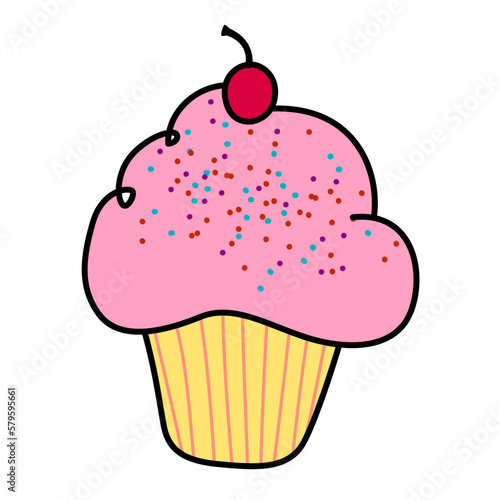 cherry cupcake cartoon doodle style line drawing vector illustration