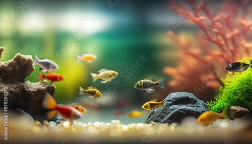 mini small aquarium scene underwater world full of fish swimming among forest , Generative Ai photo