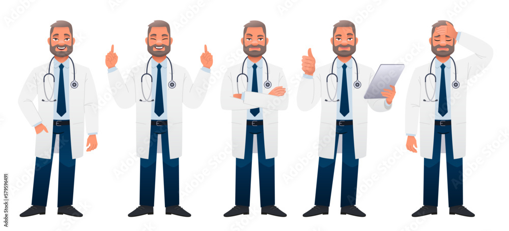 Doctor is standing with his arms crossed, thinking about something, in sadness, with a tablet in his hand, a gesture of approval. A bearded white man in a white coat stands in different poses. Doctor is standing with his arms crossed, thinking about something, in sadness, with a tablet in his hand, a gesture of approval. A bearded white man in a white coat stands in different poses.
