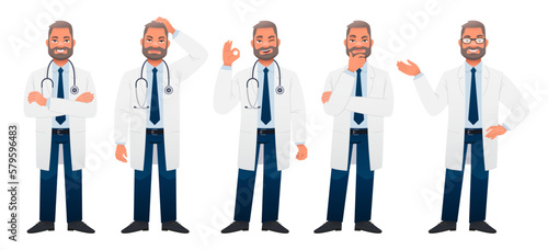 Bearded white man in a white coat stands in different poses. The male chief physician is a full-length set of characters. The doctor stands with his arms crossed