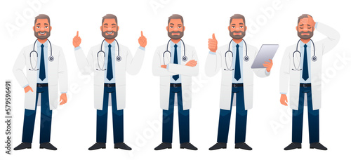 Doctor is standing with his arms crossed, thinking about something, in sadness, with a tablet in his hand, a gesture of approval. A bearded white man in a white coat stands in different poses. photo