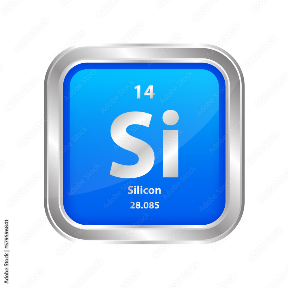 Icon structure Silicon (Si) number 14 chemical element square blue line silver. Periodic table. Sign with atomic number. Study in science for education. 3D vector illustration. Icon structure Silicon (Si) number 14 chemical element square blue line silver. Periodic table. Sign with atomic number. Study in science for education. 3D vector illustration.