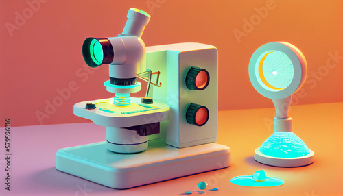white microscope on table y2k vintage 70s-era with neon pastel light background 