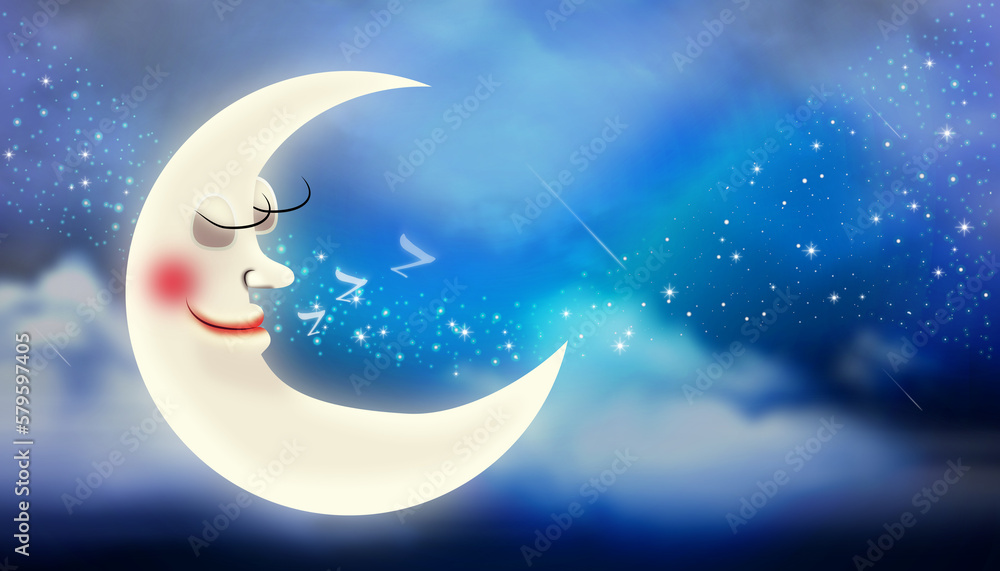 Moon Cartoon On Clouds In Sky Night Sky Fantasy Digital Art Background Good Night And Sleep 4508