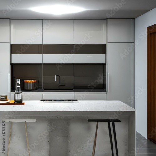A modern kitchen with stainless steel appliances and a concrete countertop3, Generative AI