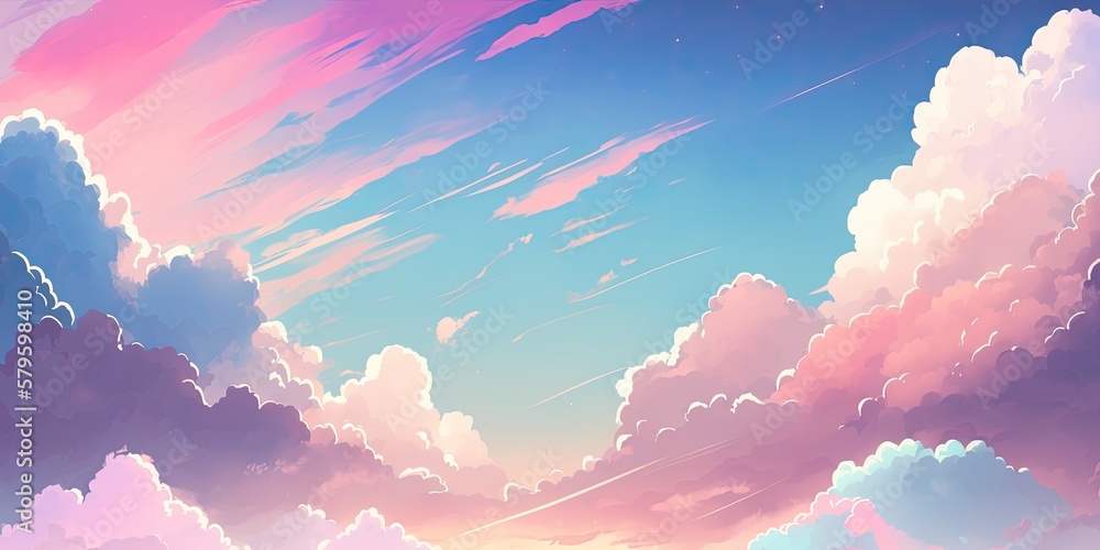 Anime style wallpaper with pink fluffy clouds on Craiyon