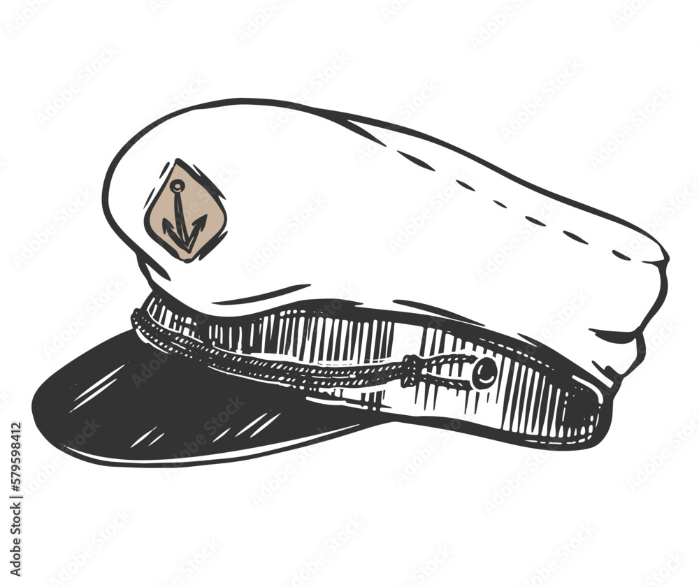 Captain's cap on a white background. Element of the officer's uniform of the navy. Captain's hat in vintage style. Vector illustration in graphic style, engraving effect. Captain's cap on a white background. Element of the officer's uniform of the navy. Captain's hat in vintage style. Vector illustration in graphic style, engraving effect.