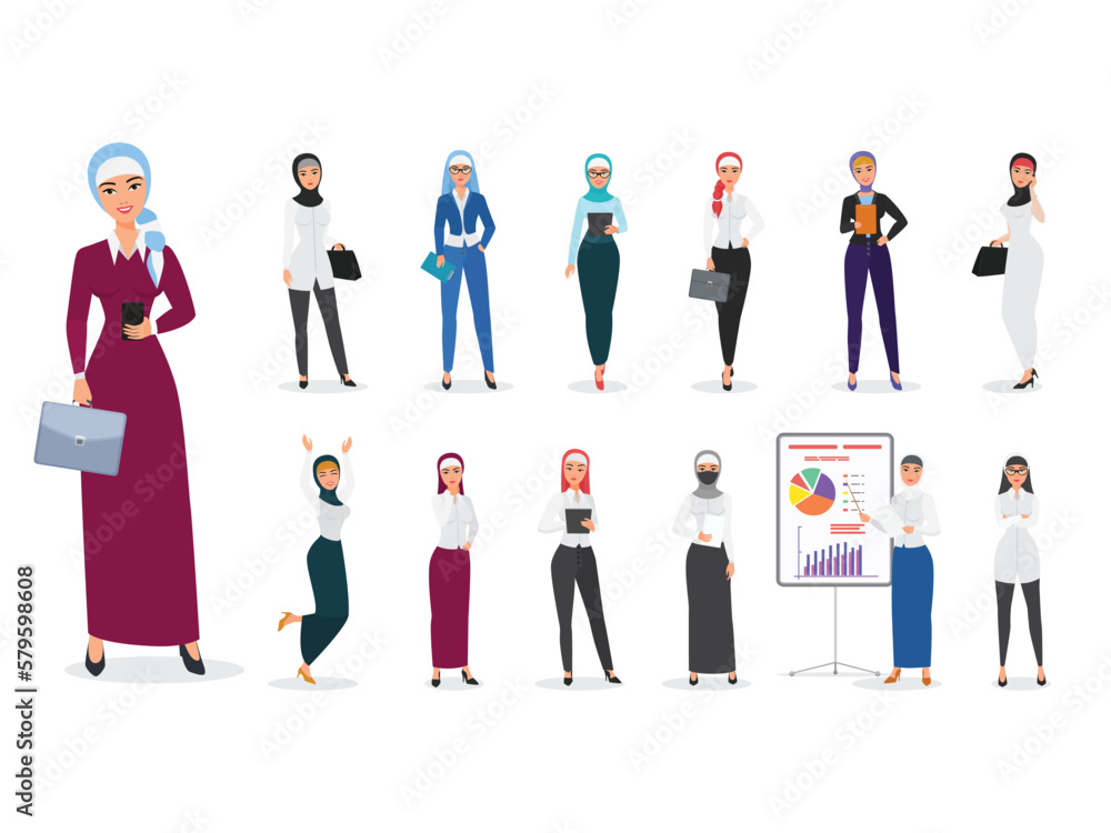 set Muslim arabian businesswoman character poses set Muslim arabian businesswoman character poses