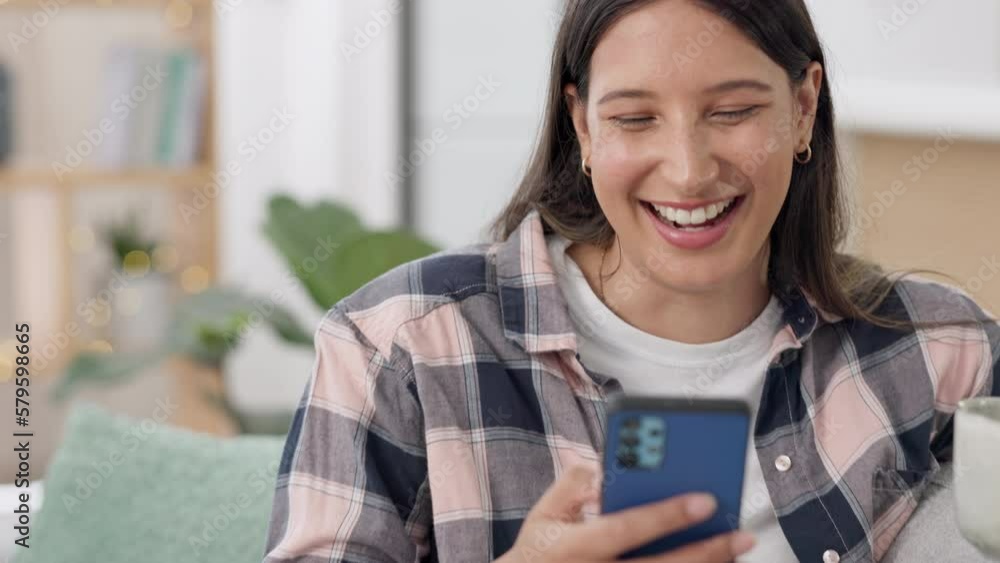 Funny, woman on couch and smartphone for typing, smile and connection in living room. Happy female, lady and cellphone for social media, coffee and cheerful in lounge, carefree or laughing with humor Funny, woman on couch and smartphone for typing, smile and connection in living room. Happy female, lady and cellphone for social media, coffee and cheerful in lounge, carefree or laughing with humor
