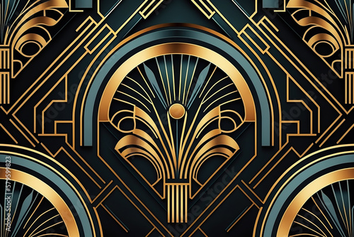 Seamless pattern in art deco geometric style in black, gold and blue. Generative AI.